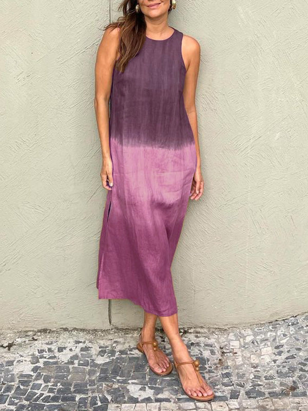 Casual Cotton And Linen Slit Gradient Dress