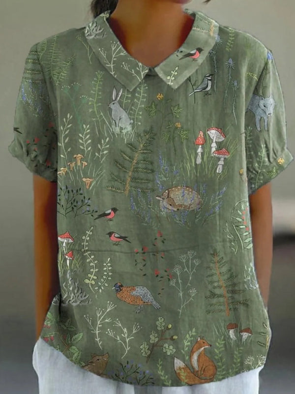 Woodland And Animals Pattern Printed Women's Linen Pocket Top And Dress