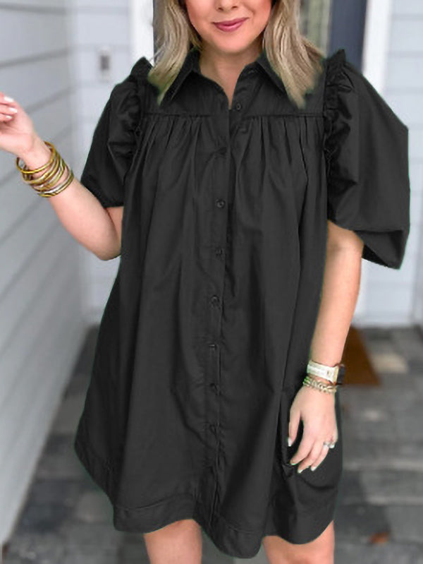 Solid Color Puff Sleeve Casual Skirt