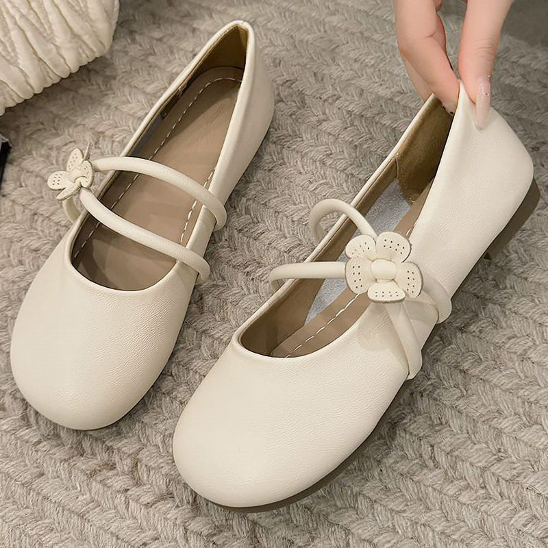 Lace-Up Flower-Decorated Soft-Soled Leather Shoes
