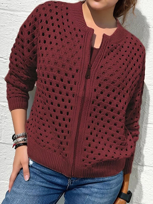 Versatile Hollow Knit Zipper Women's Jacket