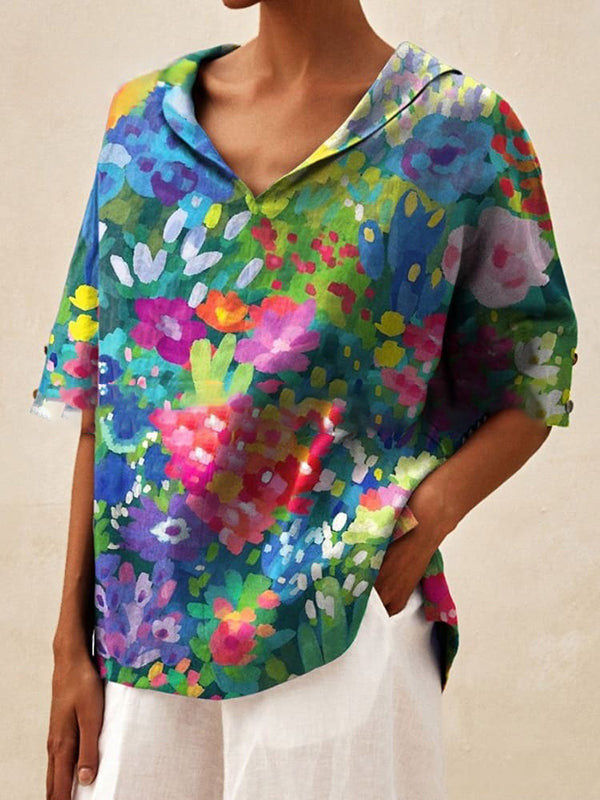 Women's Vintage Lovely Floral Art Print Casual Linen Cotton Top And Dress