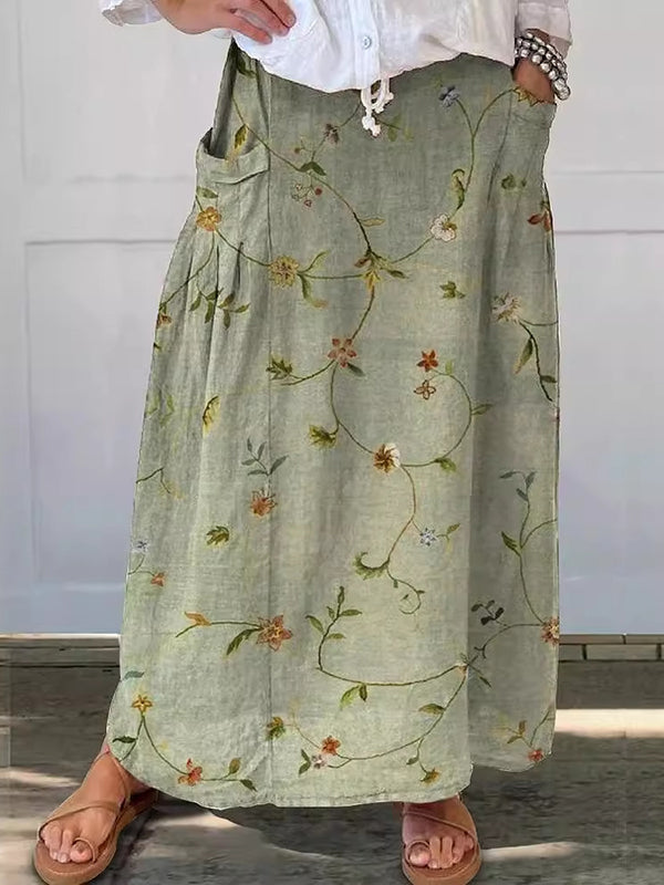 Women's Retro Floral Art Linen Pocket Top And Dress