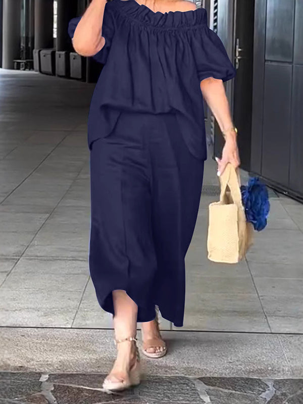2025 New Style Off-Shoulder Ruffle Neckline Two-Piece Set