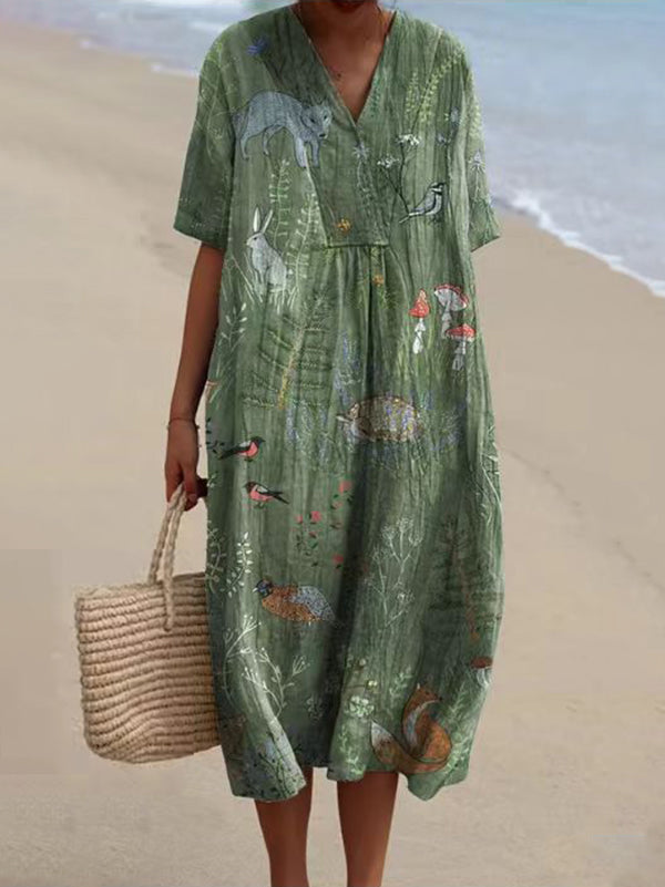 Woodland And Animals Pattern Printed Women's Linen Pocket Top And Dress