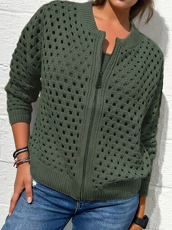 Versatile Hollow Knit Zipper Women's Jacket