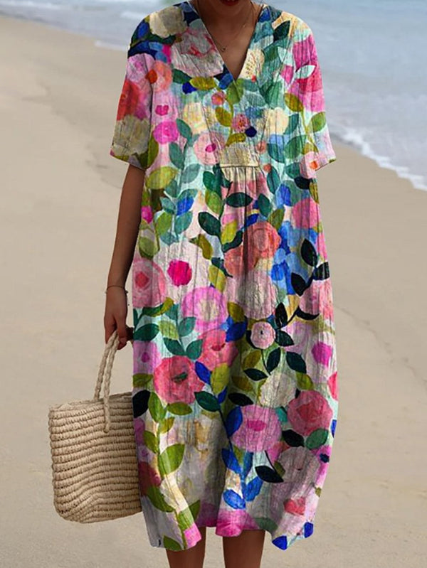 Women's Vintage Lovely Floral Art Print Casual Linen Cotton Top And Dress