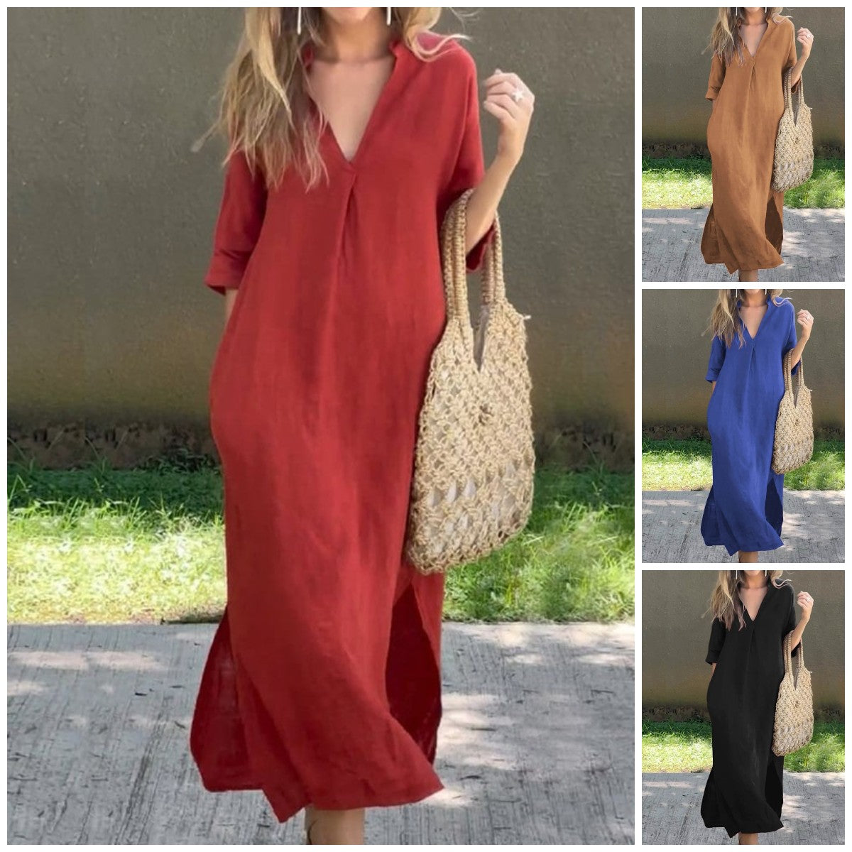Women's Solid Color V-Neck Linen Pocket Dress