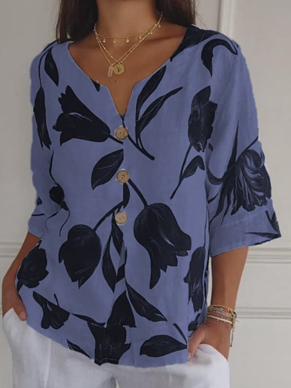 New Arrival Printed V-Neck Button Casual Top