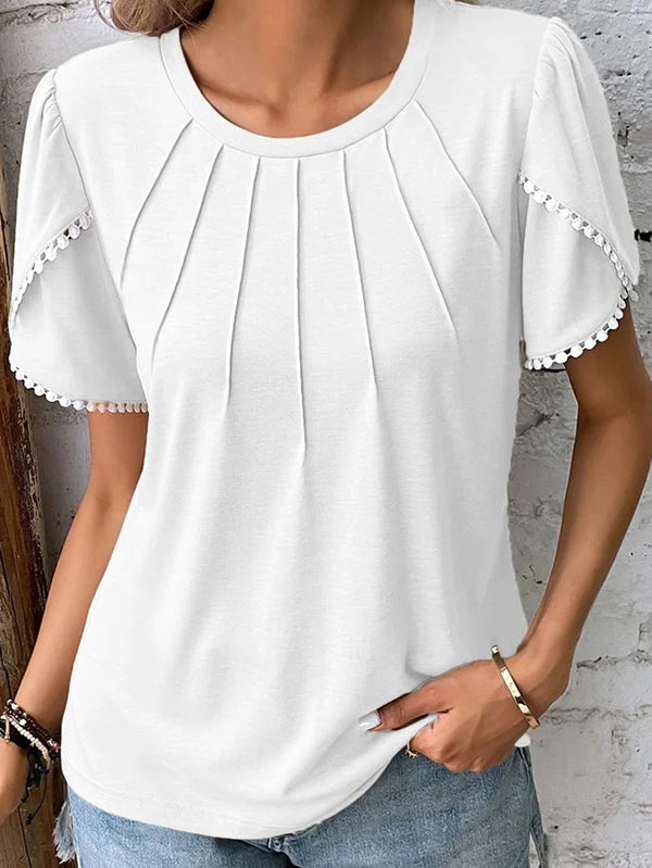 Casual Crew Neck Pleated Short Sleeve Lace Top