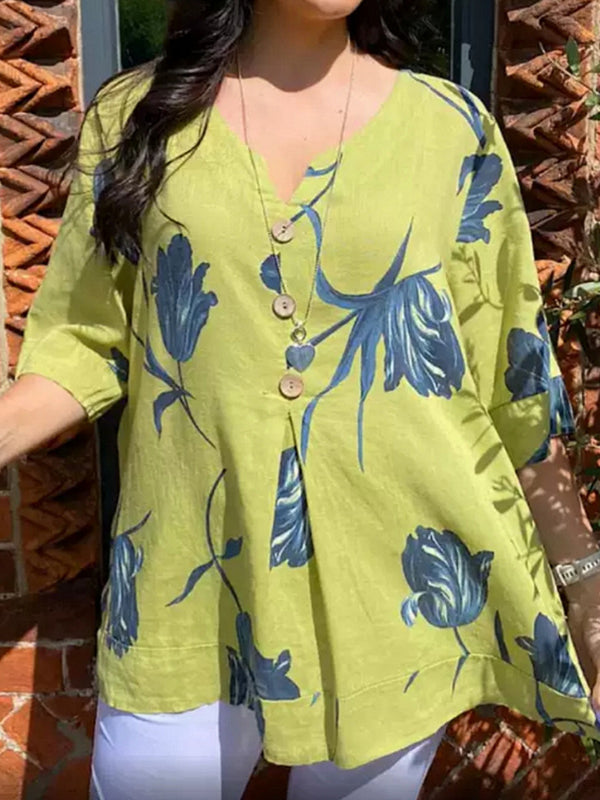 New Arrival Printed V-Neck Button Casual Top