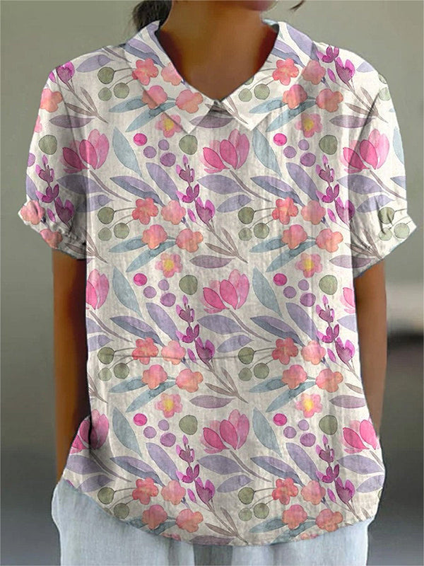 Watercolor Spring Garden Floral Repeat Pattern Printed Women's Casual Linen Cotton Top And Dress