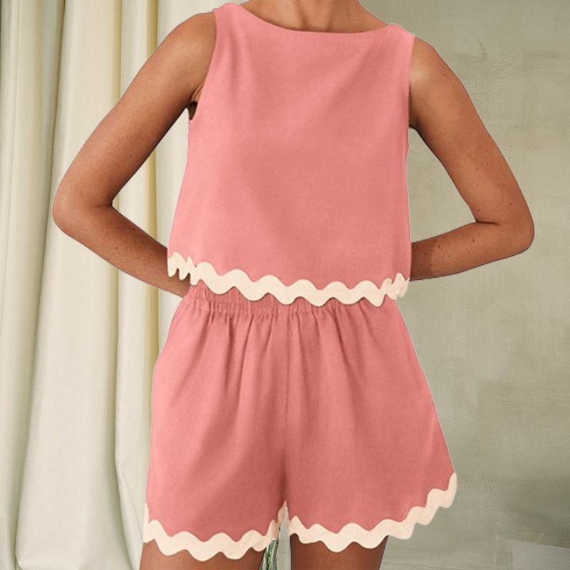 New Lace Trim Round Neck Two Piece Set