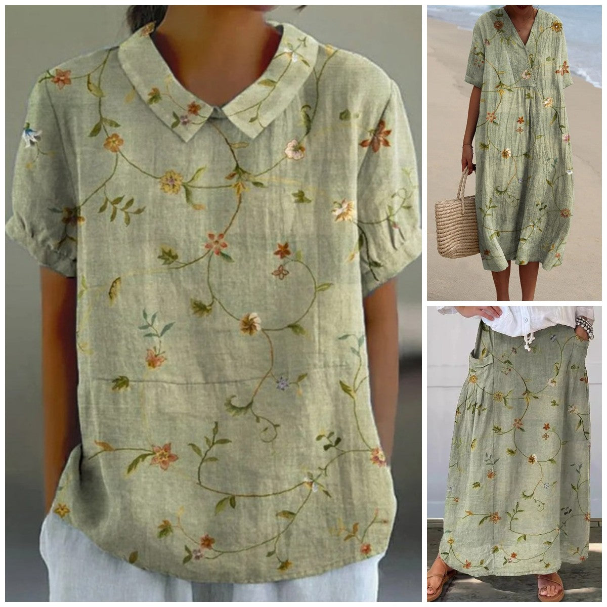 Women's Retro Floral Art Linen Pocket Top And Dress