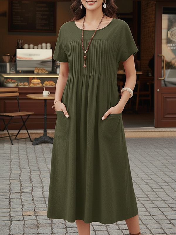 Versatile Pleated Pocket Women's Dress