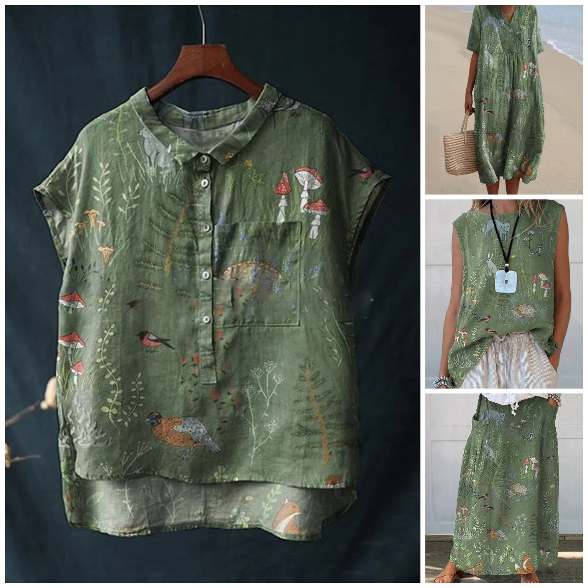 Woodland And Animals Pattern Printed Women's Linen Pocket Top And Dress