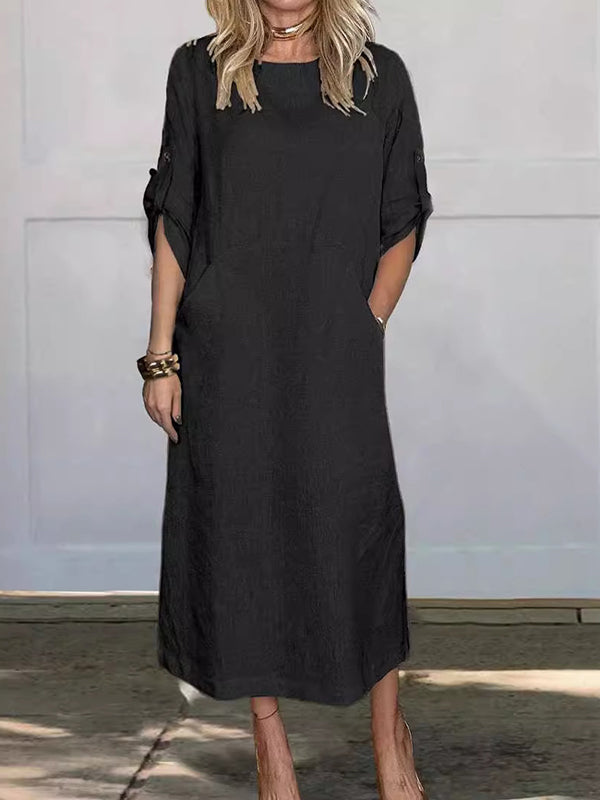 Casual Round Neck Double Side Pocket Dress