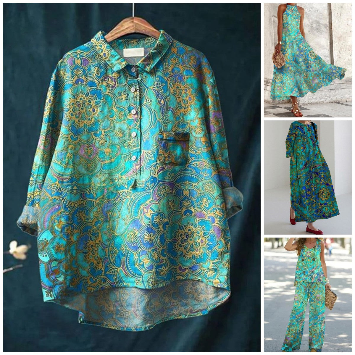 Women's Retro Art Print Casual Linen Cotton Top And Dress