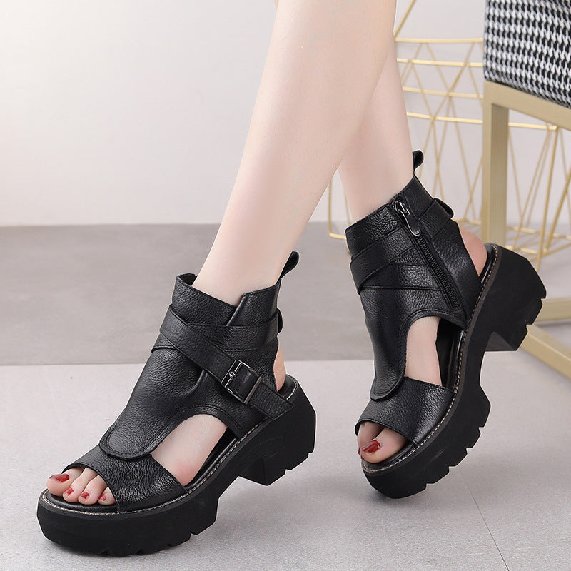 Vintage Soft Leather Waterproof Zipper Thick-Soled Women'S Shoes