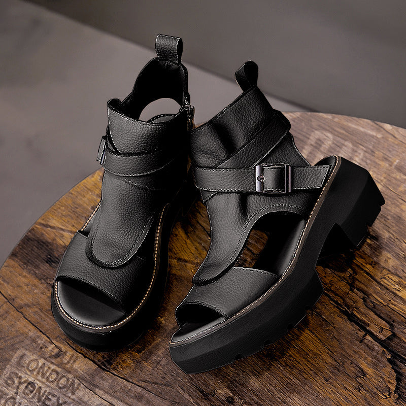 Vintage Soft Leather Waterproof Zipper Thick-Soled Women'S Shoes
