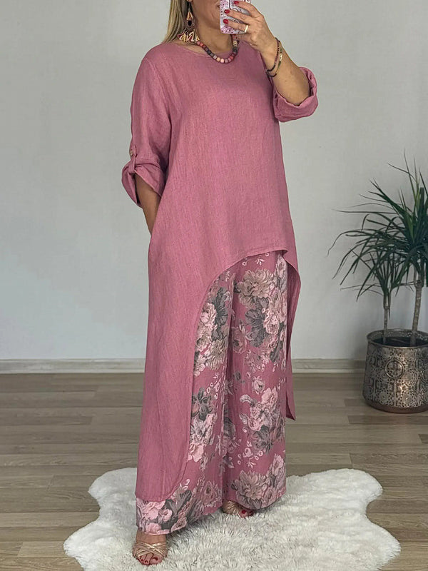 Fashion Irregular Top Wide-Leg Pants Pocket Two-Piece Set