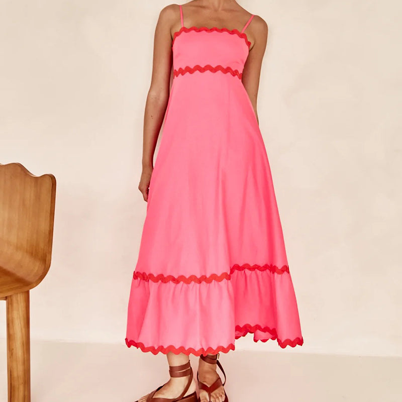Solid Color Lace Stitching Elegant Suspender Dress