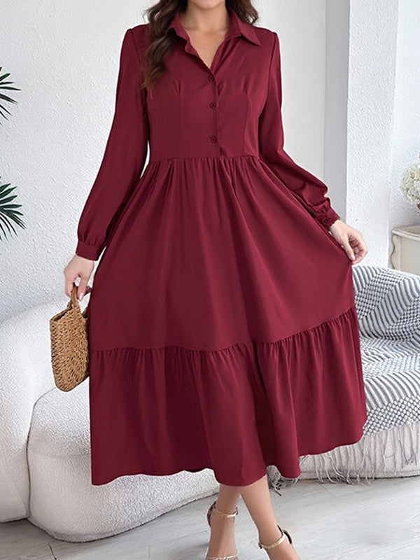 Versatile Lapel Button Ruffled Women's Dress