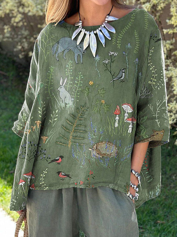 Woodland And Animals Pattern Printed Women's Linen Pocket Top And Dress