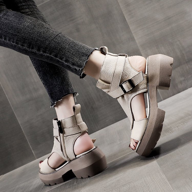 Vintage Soft Leather Waterproof Zipper Thick-Soled Women'S Shoes