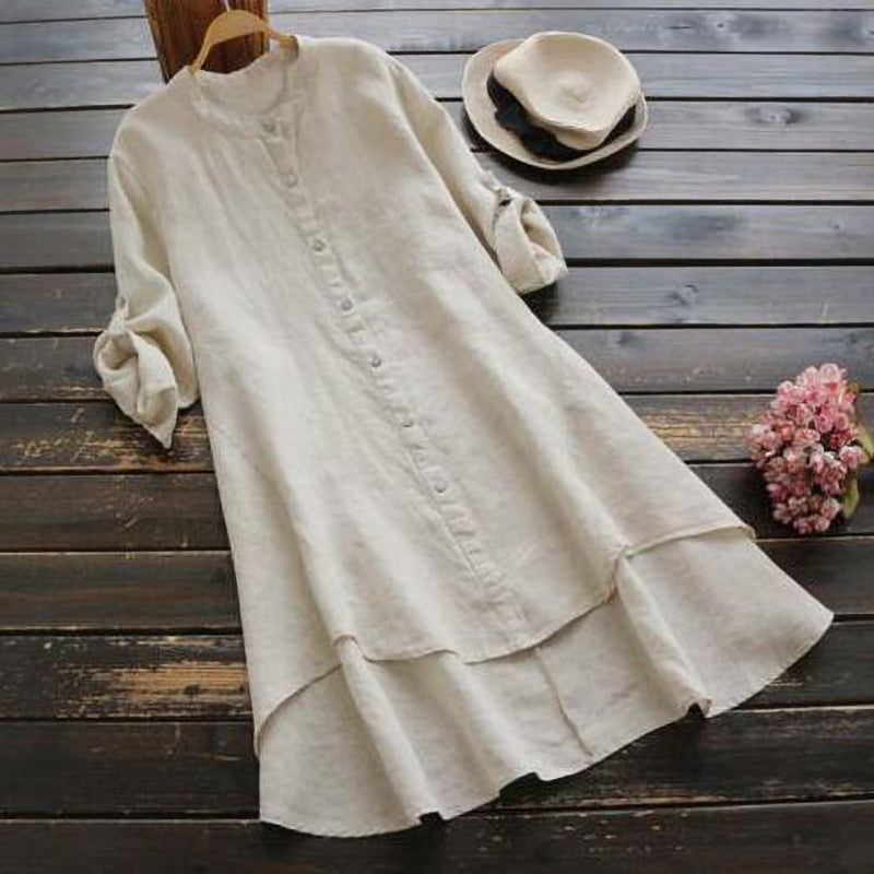 Retro Solid Color Button Long Sleeve Dress