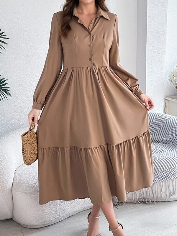 Versatile Lapel Button Ruffled Women's Dress