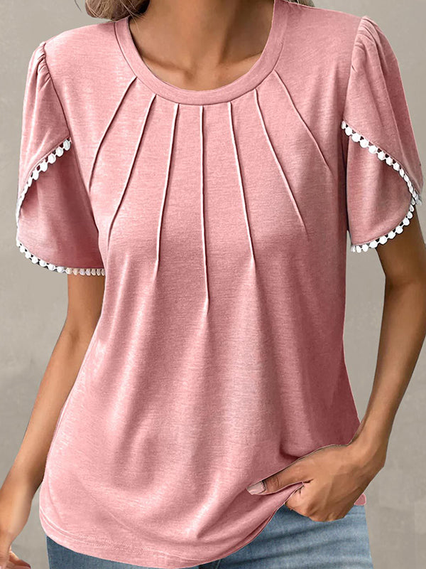 Casual Crew Neck Pleated Short Sleeve Lace Top