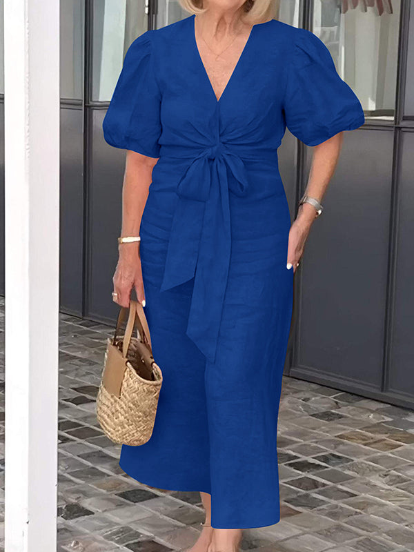 New V-Neck Tie Puff Sleeve Cotton Linen Dress