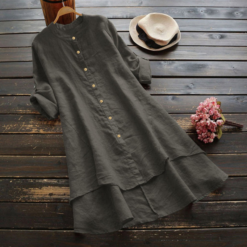 Retro Solid Color Button Long Sleeve Dress