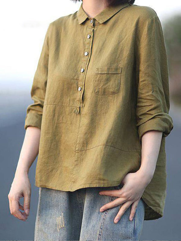 Women's Lapel Neck Casual Solid Colour Linen Cotton Long Sleeve Shirt
