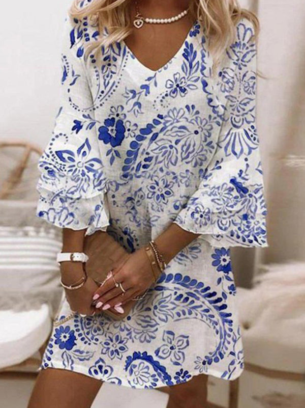 Women's Floral Art Print Casual Linen Cotton Top And Dress