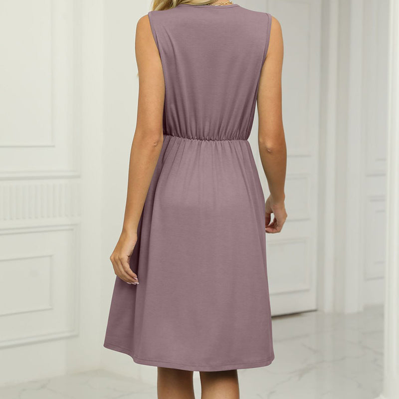 Solid Color V-Neck Lace Pocket Dress