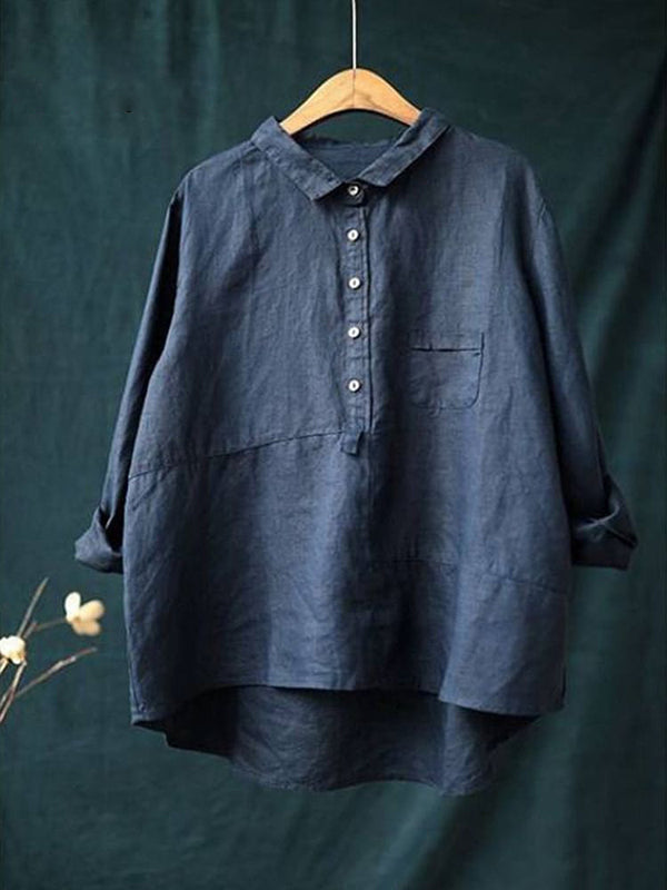Women's Lapel Neck Casual Solid Colour Linen Cotton Long Sleeve Shirt