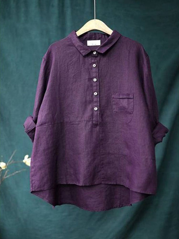 Women's Lapel Neck Casual Solid Colour Linen Cotton Long Sleeve Shirt