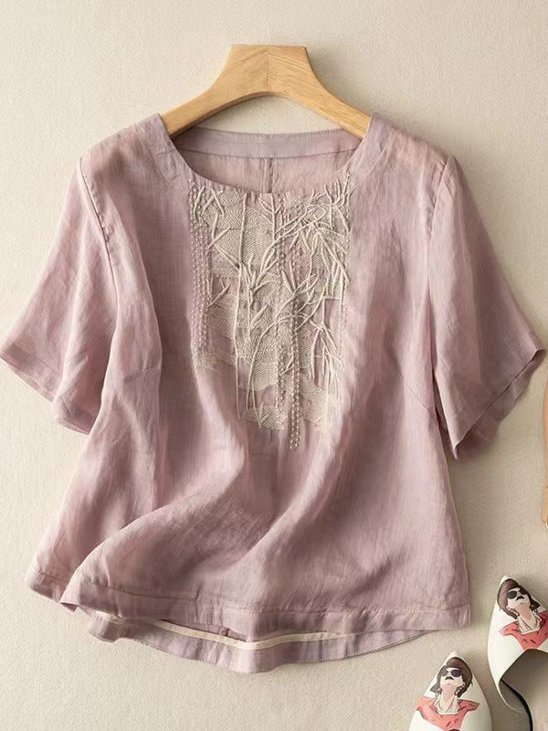 Women's Cotton And Linen Heavy Industry Embroidered Cotton And Linen Tops
