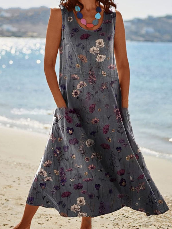 Women's Flower Art Print Casual Linen Cotton Top And Dress