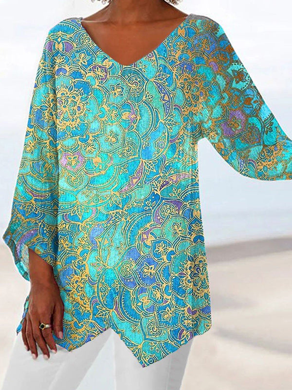 Women's Retro Art Print Casual Linen Cotton Top And Dress