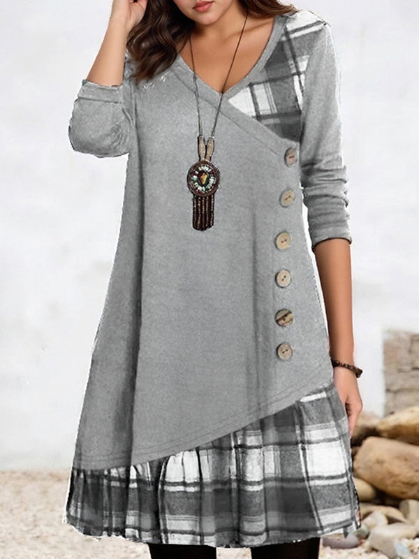 Plaid Patchwork Decorative Button Print Dress