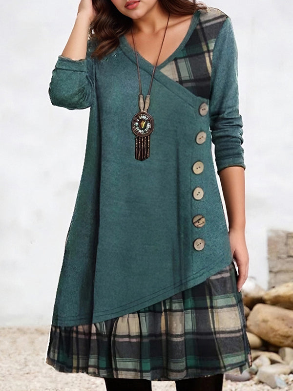 Plaid Patchwork Decorative Button Print Dress