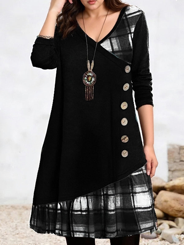 Plaid Patchwork Decorative Button Print Dress