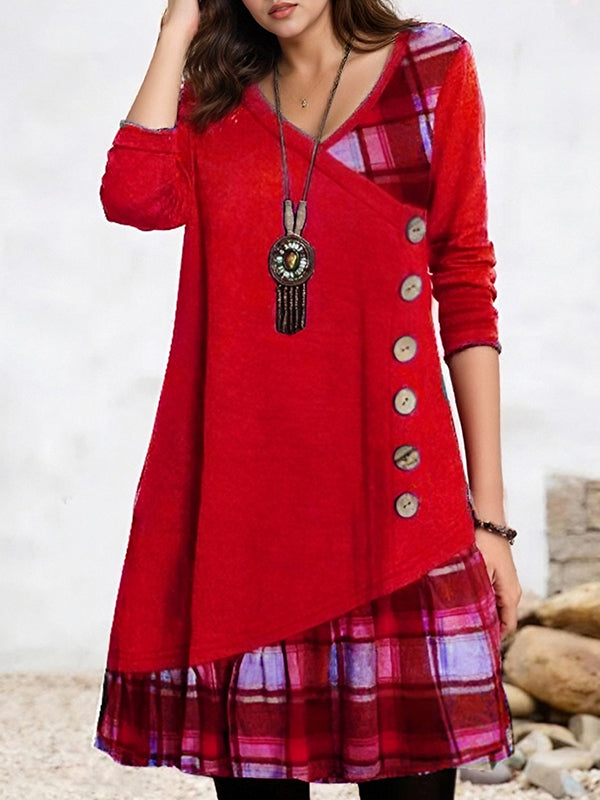Plaid Patchwork Decorative Button Print Dress