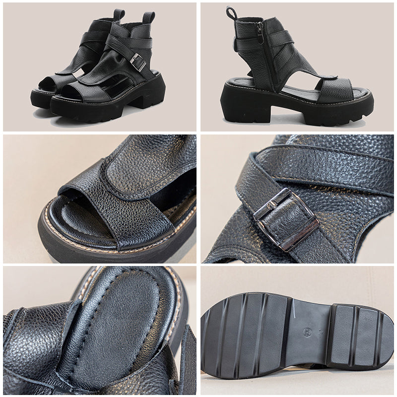 Vintage Soft Leather Waterproof Zipper Thick-Soled Women'S Shoes