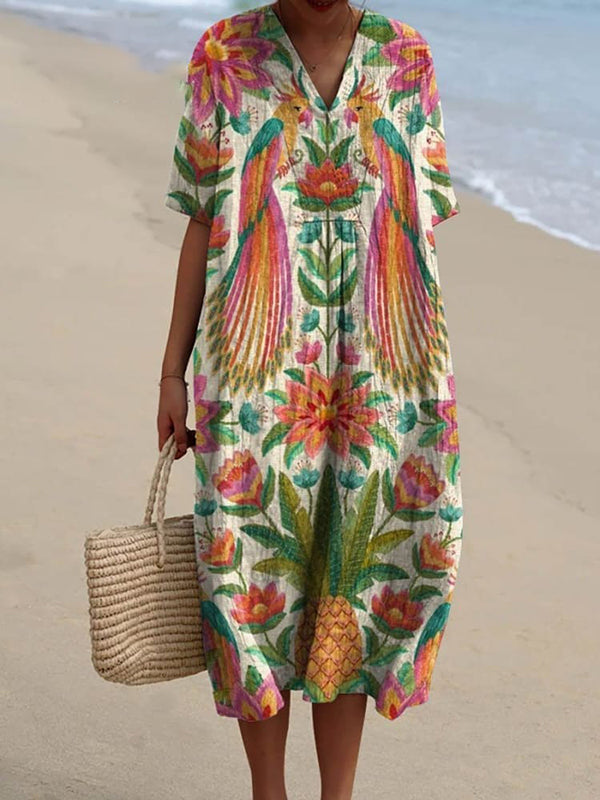 Women's Vintage Lovely Floral Birds Art Print Casual Linen Cotton Shirt And Dress
