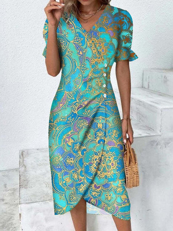 Women's Retro Art Print Casual Linen Cotton Top And Dress