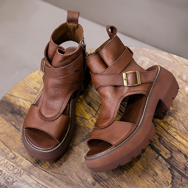 Vintage Soft Leather Waterproof Zipper Thick-Soled Women'S Shoes